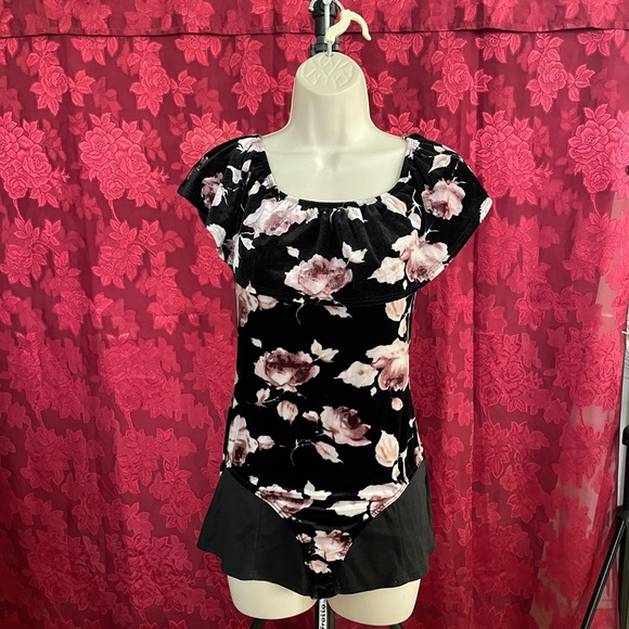 Floral Black and Pink Women's Top Bodysuit - Picture 1 of 3